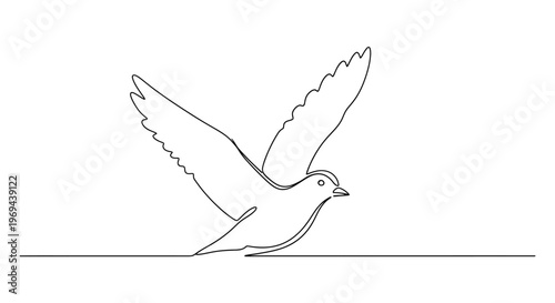 Minimalist One Line Drawing of a Bird Taking Flight Over Horizon
