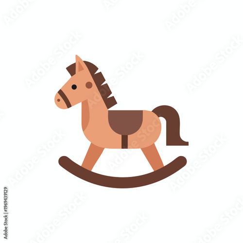 Simple, flat illustration of a brown rocking horse toy with a dark brown saddle