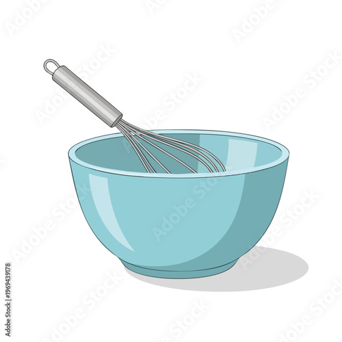 A metal whisk rests inside a light blue mixing bowl on a white background