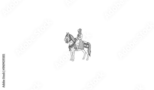 Indian Groom Riding Decorative Wedding Horse Line Art Vector Illustration