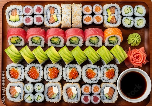 Sushi platter with assorted rolls and soy sauce