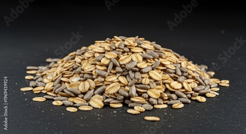 A healthy, close-up view of a dry mixture of hearty rolled oats and bright sunflower seeds, perfect for baking granola or making nutritious cereal ,ingredient ,dried ,mix