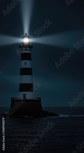 A majestic lighthouse beaming light across a dark, turbulent ocean, symbolizing unwavering hope and guidance in difficult times ,challenge ,inspiration ,coastal