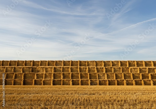 A massive wall constructed from dried golden straw bales, neatly stacked high on a farm field after the abundant summer harvest season is complete ,livestock ,industry ,farm