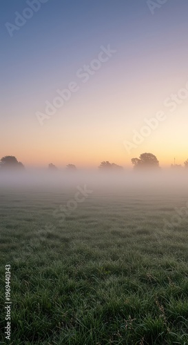 A peaceful, dreamy landscape featuring soft, misty light filtering through a wide, grassy field at dawn, creating a tranquil, mysterious backdrop ,fantasy ,horizon ,smooth