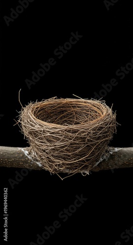A perfectly woven, empty bird's nest rests horizontally on a thick tree branch, waiting for eggs or hatchlings ,waiting ,beginning ,macro
