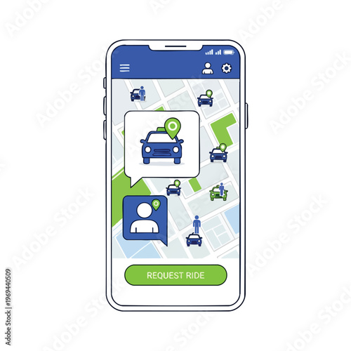 A mobile app displays a map with cars and people icons, prompting a ride request