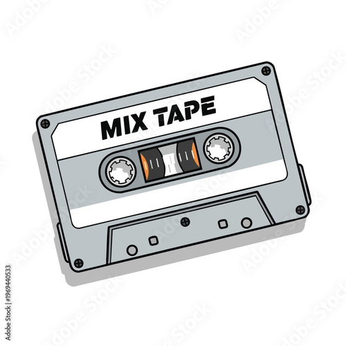 A grey cassette tape with "MIX TAPE" written in bold black letters