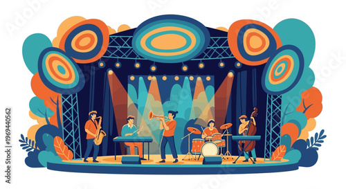 Jazz band performs on stage with colorful lights