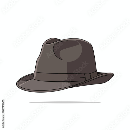 A detailed illustration of a classic grey fedora hat with a black band