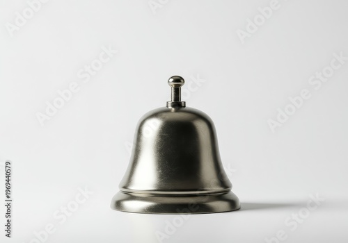 A single, isolated metallic bell positioned centrally against a stark white studio backdrop, emphasizing clarity, sound, announcement, and tradition ,white ,minimalism ,classical