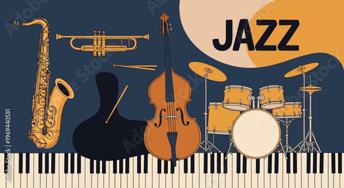 Vibrant jazz illustration features musical instruments on piano keys in dark background.