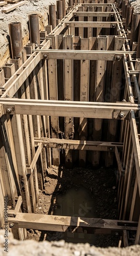 Trench excavation with timber shoring, construction site protective system