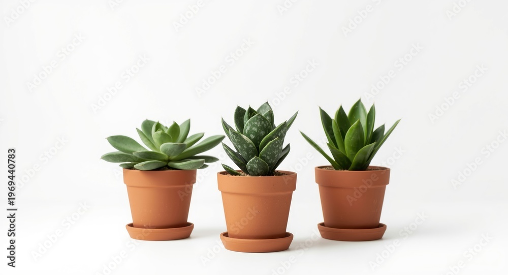 Fototapeta premium White backdrop showcasing a trio of pachyphytum oviferum plants in classic clay pots with mixed views