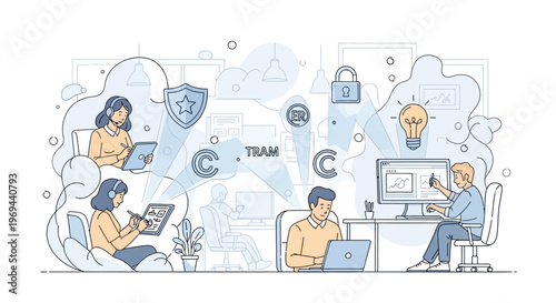 People working on laptops and computers in office with security and technology symbols around them