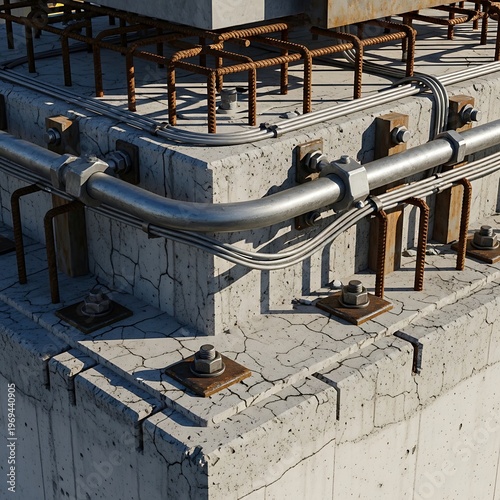 Urban concrete foundation with robust industrial metalwork and pipe support