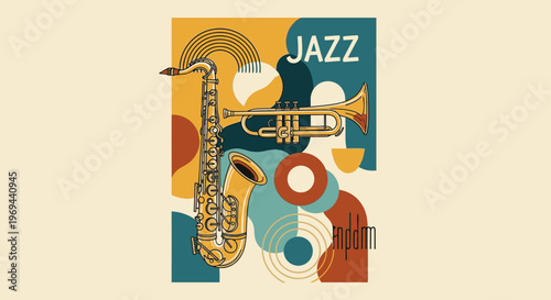 Vibrant jazz illustration features saxophone and trumpet on colorful abstract background
