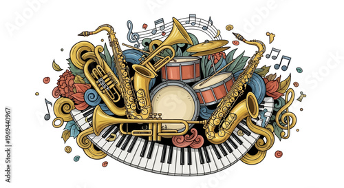 Vibrant illustration of musical instruments and flowers on piano keys, evoking 18th lively music scene