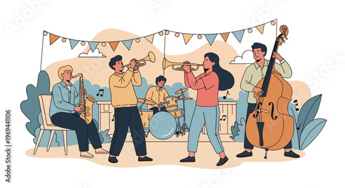 Music band performing lively outdoor concert with saxophone, trumpets, drums, and double bass at 1 event
