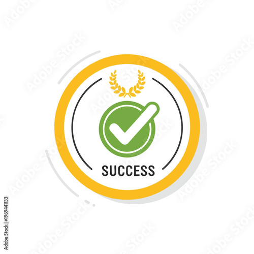 A green checkmark within a circle, crowned by a laurel wreath, signifies success