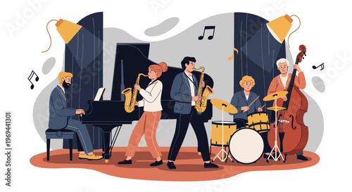 Jazz band performs on stage with piano, saxophone, trumpet, drums, and bass in nightclub