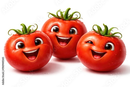 Three joyful anthropomorphic tomatoes with happy expressions on a white backdrop
