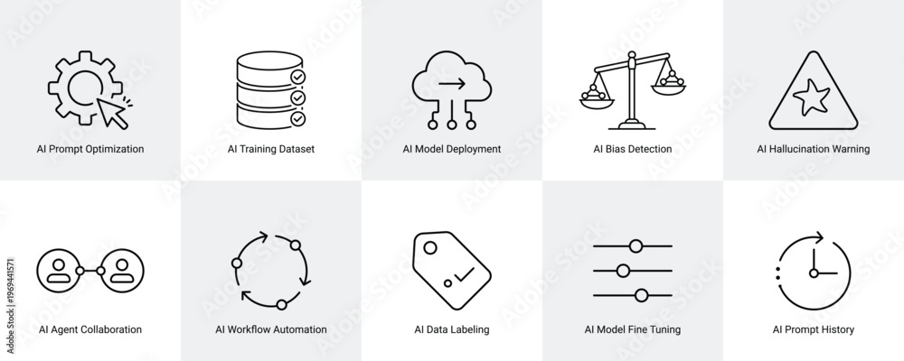 Naklejka premium ai prompt optimization and machine learning workflow line icons set vector