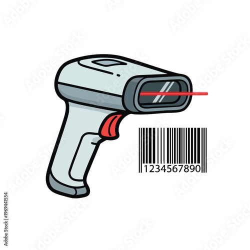 Cartoon scanner emitting red laser beam at barcode with numbers