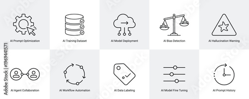 ai prompt optimization and machine learning workflow line icons set vector