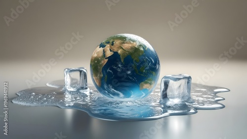 Earth globe melting into water puddle