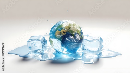 Earth globe melting into water puddle