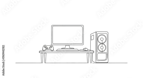 Minimalist computer setup with monitor, tower, keyboard, mouse, and gamepad on a desk