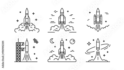 Rocket Launch Line Icon Set Spacecraft, Blast Off, and Startup Growth Symbols