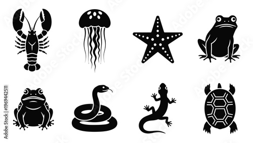 A collection of black silhouettes depicting various marine and terrestrial animals including lobster jellyfish and reptile silhouette high quality professional detailed