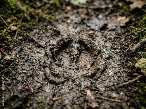 Wild Animal Footprint in Dark Forest Soil