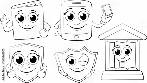 Digital banking icons with smiling faces and cartoon characters for finance and technology concepts