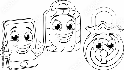 Digital banking icons with smiling faces mobile phone wallet and padlock
