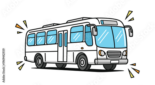 Cartoon illustration of a white transit bus with blue windows moving forward, accompanied by yellow motion indicators.
