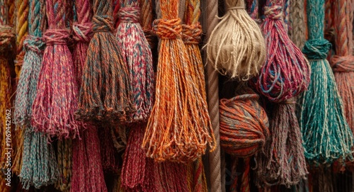 Close up detailed view of assorted colorful ropes including ribbons and wool balls with intricate patterns