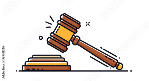 Wooden judge gavel striking a sound block in a cartoon flat style, symbolizing justice, legal proceedings, and authority.