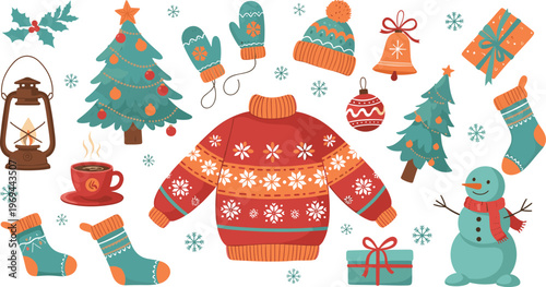 Vector Illustration Set Featuring Christmas Holiday Elements Including Sweaters, Mittens, Trees, Snowman, Gifts, and Festive Decorations for Digital Media, Cards, and Print