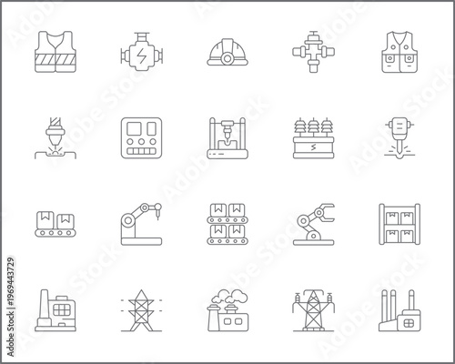 Set of factory and production glyph icons line style. It contains such Icons as industry, manufacturing, product, packaging, assembly, machine, warehouse and other elements.