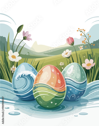 Serene Easter Landscape Illustration for Poster, Banner, Tshirt Design
