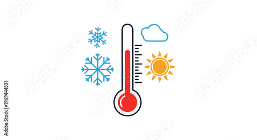 Weather forecast illustration featuring a thermometer showing a high temperature alongside sun, cloud, and snowflake icons.