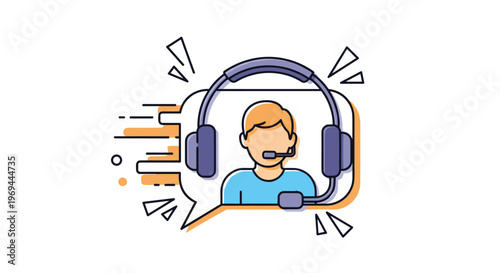 Customer support service agent icon wearing a headset inside a speech bubble with dynamic orange motion lines in the background.