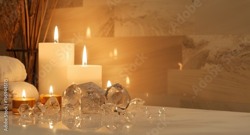 Therapeutic spa corner with elegant candles and shimmering crystal decorations