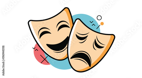 Classical theater masks representing comedy and tragedy in a colorful cartoon style with blue and red abstract background shapes.