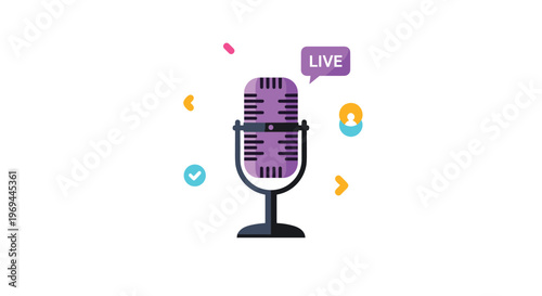 Retro studio microphone icon with a live text banner and colorful geometric shapes for podcasting, radio, and broadcasting.