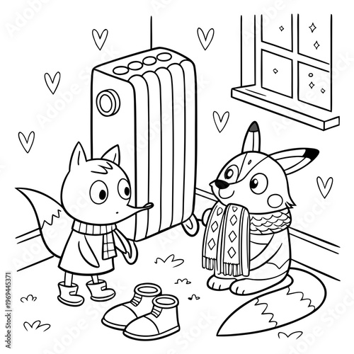 Snow Day Clothes Drying Scene coloring page