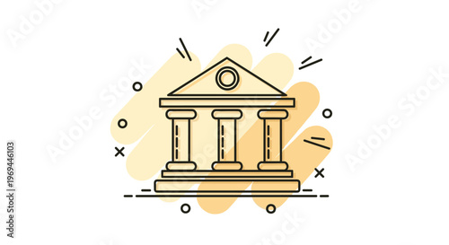 Classic architectural building with columns and a triangular roof representing a bank, museum, or court in a stylized comic book style.